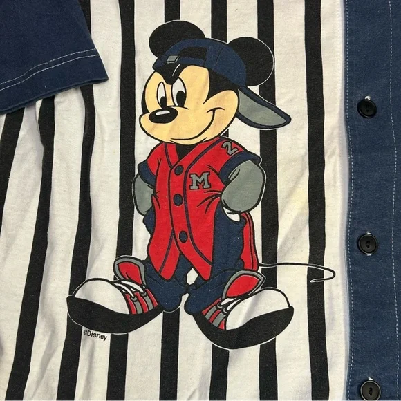 Vintage Mickey Mouse Baseball Style Shirt Disney Large Button Down Blue & White - Picture 3 of 9